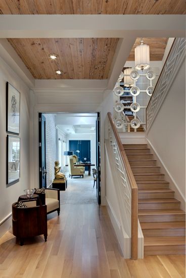 Reclaimed Wood Ceiling, Modern Ranch House, Ceiling Treatments, Front Entrance, Modern Staircase, Traditional Home, New Traditional, Wood Ceilings, Front Entry