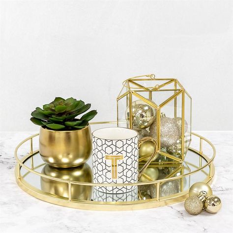 Buy Gold Round Mirror Tray at Home Bargains Mirror Tray Decor Ideas, Mirrored Tray Centerpiece, Gold Tray Decor, Mirror Tray Decor, Gold Round Mirror, Gold Mirror Tray, Ornate Wedding, Mirror Candle, Round Gold Mirror