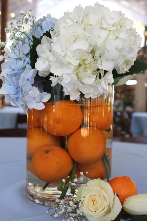 Centerpieces With Oranges Fruit, Lil Cutie Centerpieces, Cutie On The Way Centerpiece, Cuties Centerpiece, Cutie Orange Centerpiece, Tangerine Themed Party, Orange You Curious Gender Reveal Ideas, Little Cutie Baby Shower Table Centerpieces, Blue And Orange Bridal Shower Ideas