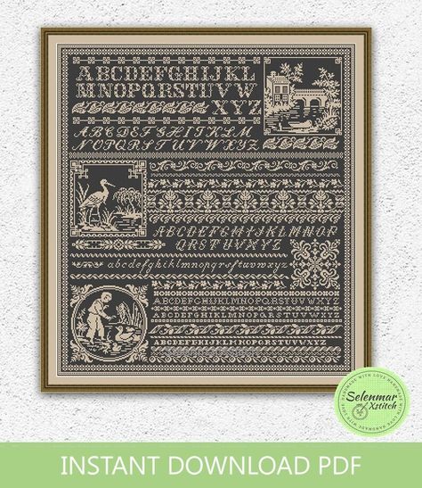 Monochrome Quaker Sampler Counted Cross Stitch Pattern - Etsy Masculine Embroidery, Nature Embroidery Designs, Quaker Cross Stitch, Monochrome Cross Stitch, Cross Stitch Nature, Nature Embroidery, Sampler Cross Stitch, Design Alphabet, Country Sampler