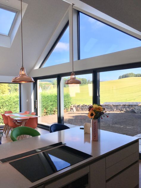 Glass gable end and kitchen island pendant lighting Gable End Window Ideas, Gable Windows Ideas, Gable End Ideas Design, Glazed Gable End, Gable Roof Lighting, Glass Gable End Extension, Glass Extension House, Gable Windows Exterior, Glass Gable End