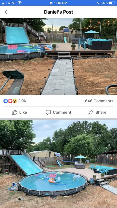 Country Outdoor Pool Area, Backyard Pool And Trampoline, Recreational Backyard Ideas, Moving Food Ideas, Coolest Backyard Ideas, Small Backyard With Pool And Playground, Hidden Above Ground Pool Ideas, Pool And Trampoline Backyard, Cute Pool Ideas