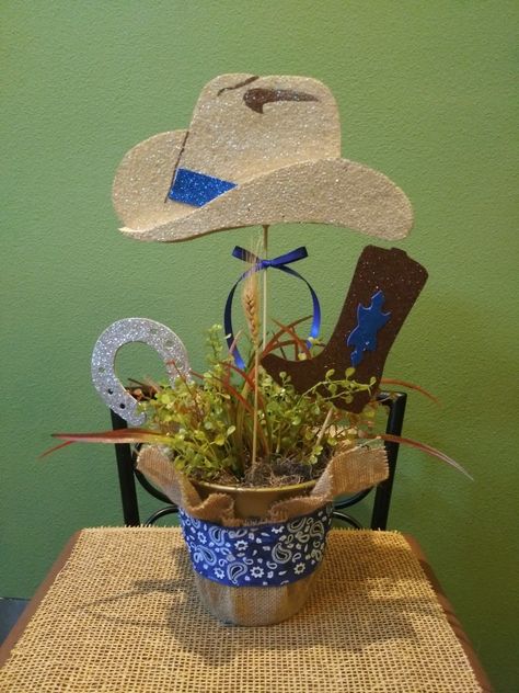 Cowboy Party Centerpiece Ideas, Cowboy Birthday Decorations, Blue Cowboy Party, Western Centerpiece Ideas Cowboy Theme, Vaquero Party Ideas, Vaquero Centerpieces, Cowboy Centerpiece Ideas, Vaquero Theme Party, Cowboy Party Centerpiece