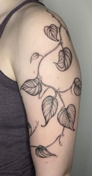 Leaf Tattoos Arm, Men’s Plant Tattoo, Trailing Vine Tattoo, Pothos Vine Drawing, Pothos Sleeve Tattoo, Black And Grey Vine Tattoo, Kudzu Vine Tattoo, Pothos Leaves Tattoo, Creepy Vine Tattoo