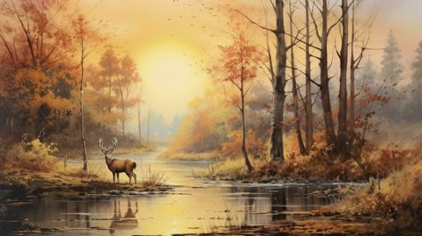 AI generated Autumn Serenity Vintage Watercolor Painting of a Forest, with Trees and Wildlife by a River Lake, Featuring Graceful Deer in a Timeless Landscape. Wildlife Paintings Landscapes, Deer Landscape Painting, Autumn Forest Painting, Forest And Wildlife, Deer Painting, Wildlife Artwork, Photo To Art, Vintage Watercolor, Woodland Scene