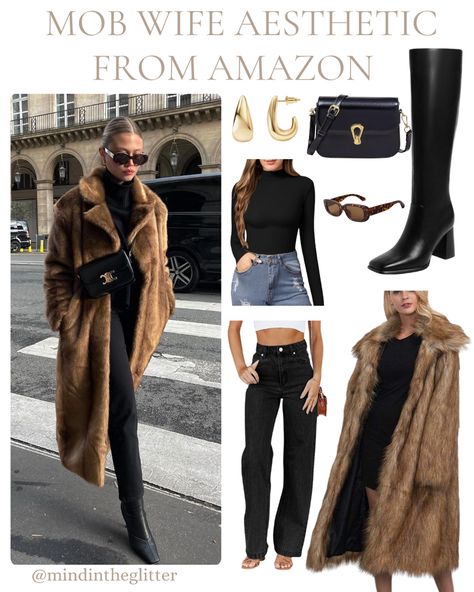 Brown fur coat, black pants, black turtle neck, black cross body bag and gold hoops