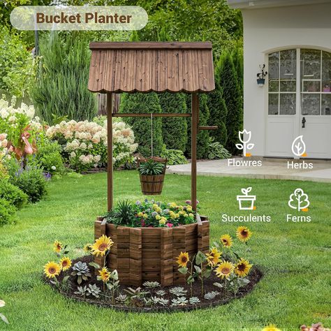 Amazon.com : UDPATIO Wishing Wells for Yard, Large Wooden Wishing Well Planter for Outdoors, Upgrade Wishing Well with 4 Reinforced Rod & Hanging Bucket for Garden Patio Lawn Backyard Home Decor : Patio, Lawn & Garden Landscape Around Well Cap, Wishing Well Planter Ideas, Garden Wishing Well Ideas, Well Design Ideas, Well Cover Ideas, Wishing Well Table, Wishing Well Ideas, Garden Wishing Well, Front Yard Planters