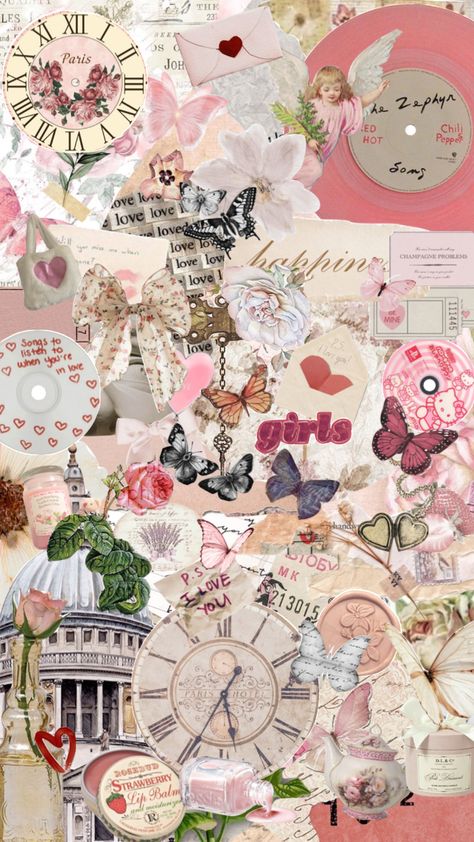 #pink #pretty #vintage #moodboard #collage #newspaper #aesthetic #clock #music #girly #love Pink Newspaper Background, Pink Aesthetic Newspaper, Pink Newspaper Aesthetic, Wall Collage Pictures Aesthetic Ideas, Pink Vintage Aesthetic Wallpaper, Vintage Pink Aesthetic Wallpaper, Pink Scrapbook Aesthetic, Pink Vintage Background, Light Pink Collage