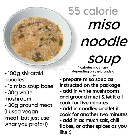 Low Calorie Miso Soup, Low Cal Japanese Recipes, Low Cal Miso Soup, Vegan Safe Foods, Low Calorie Japanese Food, Low Portion Meals, Low Calorie Recipes Aesthetic, Low Cal Noodles, Low Calorie Japanese Recipes