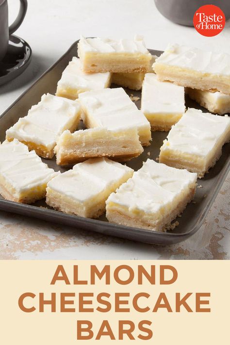 Almond Cream Cheese Bars, Almond Flavor Desserts, Toasted Almond Cheesecake, Almond Cake Bars, Almond Cheesecake Bars, Almond Bars With Frosting, Almond Bars With Almond Paste, Almond Paste Recipes Desserts, Almond Flavored Desserts