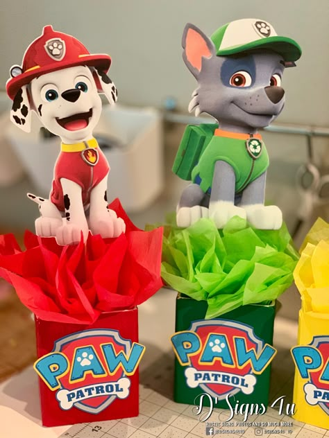 3rd Birthday Paw Patrol Boy, Birthday Theme Paw Patrol, Cricut Paw Patrol Birthday, Paw Patrol Centerpiece Ideas, Pinata Paw Patrol, Paw Patrol Centerpieces, Paw Patrol Pinata, Paw Patrol Centerpiece, Paw Patrol Birthday Decorations