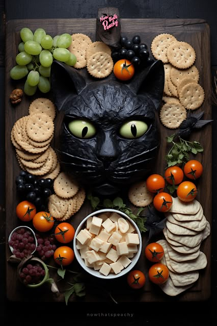 Spooky 50th Birthday, Pumpkin Carving Party Food Ideas, Halloween Chauctier Board Ideas, Vegan Halloween Charcuterie Board, Scary Charcuterie Board, Cat Charcuterie Board, Spooky Charcuterie Board Ideas, Witch Charcuterie Board, Halloween Platter Ideas