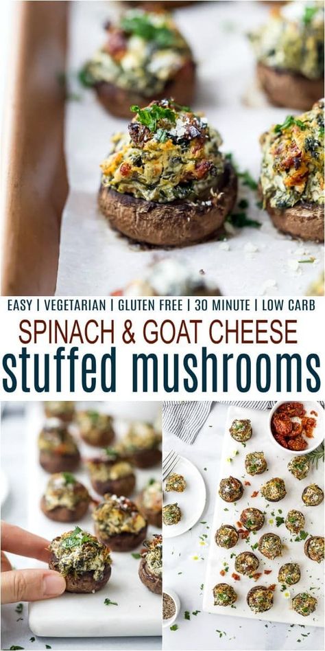 Recipe With Goat Cheese, Goat Cheese Stuffed Mushrooms, Spinach And Goat Cheese, Goat Cheese Appetizer, Mushroom Appetizers, Cheese Stuffed Mushrooms, Goat Cheese Recipes, Stuffed Mushroom, Holiday Appetizer