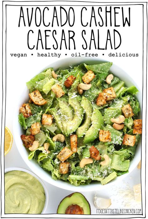 Avocado Cashew Caesar Salad • It Doesn't Taste Like Chicken Romaine Lettuce Recipe, The Best Caesar Salad, Best Caesar Salad, Salted Cashews, Vegan Bacon Bits, Cooking Vegetarian, Week Meals, Lettuce Recipes, Vegan Caesar Salad