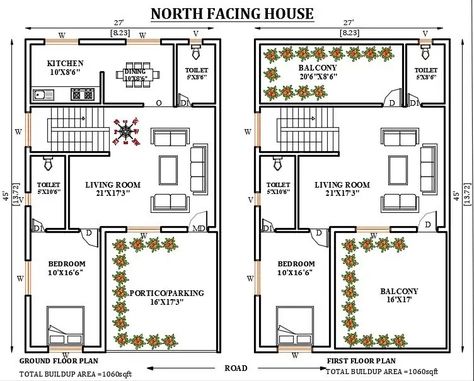 27’x45’ north facing house plan is given in this Autocad drawing file. Download now. - Cadbull Closed Floor Plans, North Facing House Plan, Closed Floor Plan, Internal Staircase, Perfect House Plan, House Plan Design, Cottage House Designs, North Facing House, Modern Bungalow House Design