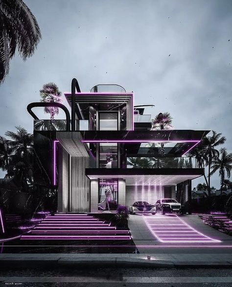 Gamer House, Cyberpunk House, Dark Modern House, Dream House Pictures, Popular Home Decor, Architecture Photography Buildings, Cube Furniture, Futuristic House, Futuristic Cyberpunk