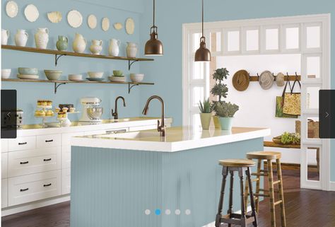 Sherwin Williams Interesting Aqua for the kitchen Oyster Bay Sherwin Williams, Top Kitchen Colors, Yellow Kitchen Designs, Timeless Paint Colors, Best Kitchen Colors, Cottage Style Interiors, Sherwin Williams Colors, Oyster Bay, Kitchen Paint Colors