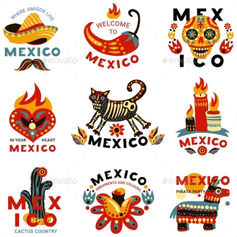 Mexico Icon, Mexican Symbols, Mexican Graphic Design, Mexico Skull, Mexican Restaurant Decor, Colorful Icons, Holiday Symbols, Mexico Design, Mexico Art