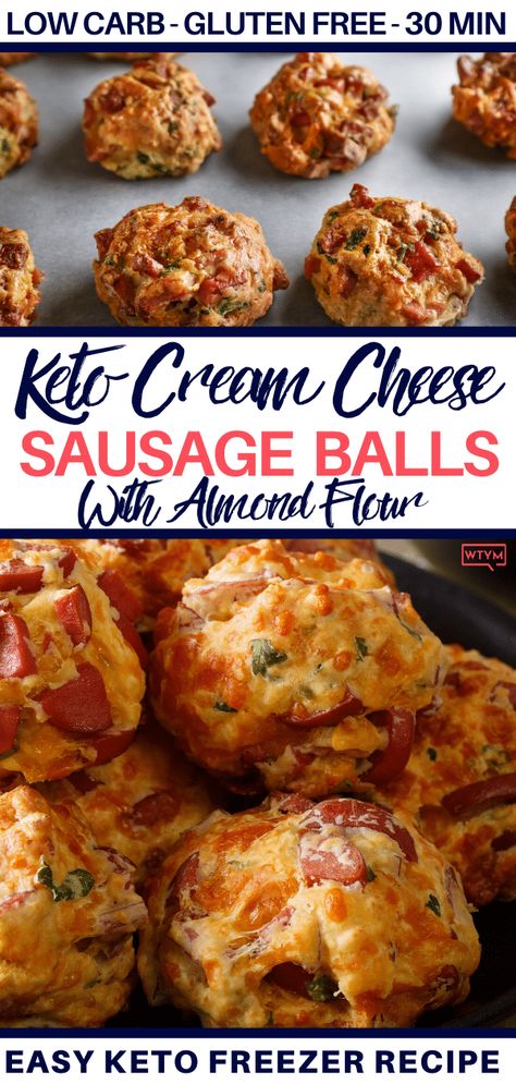 Your new favorite low carb sausage ball recipe with almond flour & cream cheese! These keto sausage balls make the best appetizers for game day or the holidays! I love to make them ahead for breakfast, too! This low carb sausage ball recipe is freezer-friendly and only takes 30 minutes from start to finish. With only 1.4 net carbs each these keto sausage balls are perfect for the ketogenic diet! #keto #ketorecipes #ketobreakfast #lowcarb #appetizer #sausageballs #easyappetizer Sausage Balls With Almond Flour, Healthy Fingerfood, Sausage Ball Recipe, Keto Sausage Balls, Low Carb Sausage, Recipe With Almond Flour, Cheese Sausage Balls, Sausage Ball, Cream Cheese Sausage