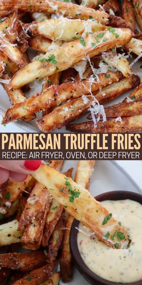 cooked french fries on plate topped with parmesan cheese and parsley, and dipped into a small bowl of garlic parmesan sauce Tallow French Fries, Gravy Fries Recipes, Air Fryer Truffle Fries, Parmesan Truffle Fries Air Fryer, Fancy French Fries, Halloween French Fries, Truffle Fries Recipe, Tasty Potato Recipes, Fancy Meals