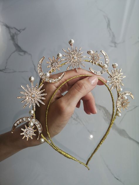 Celestial Tiara, Moon Headpiece, Celestial Headpiece, Moon Headband, Halo Crowns, Star Tiara, Space Costume, Gold Halo Crown, Halo Headpiece