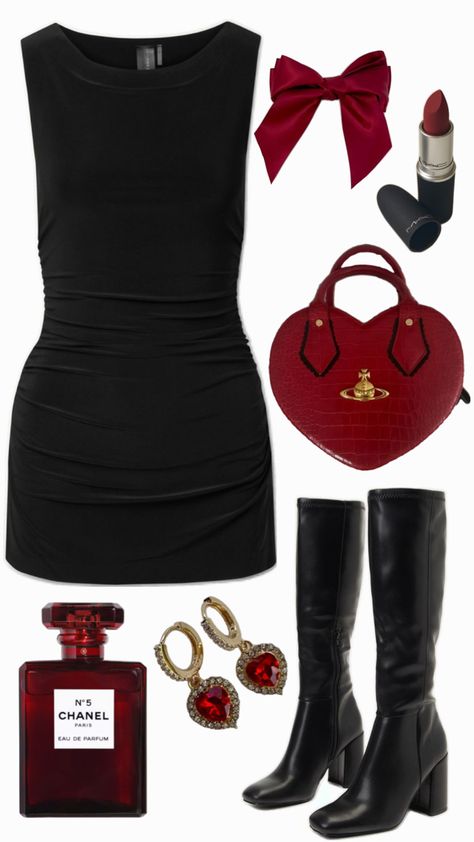 black & dark red outfit, black dress, red accessories, boots Black Outfit Red Accessories, Summer Dark Feminine Outfits, All Black Disney Outfit, Dark Red Dress Outfit, Black Dress With Red Accessories, Black Heels Outfit Casual, Black And Red Outfit Classy, Dark Romance Outfit, Red Dress Black Heels