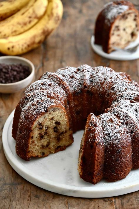 Banana Chocolate Chip Bundt Cake - Just a Taste Chocolate Chip Bundt Cake Recipe, Banana Nut Pancakes, Cake With Chocolate Chips, Chocolate Chip Bundt, Banana Chocolate Chip Cake, Chocolate Chip Bundt Cake, Banana Bundt Cake, Banana Bundt, 4 Bananas