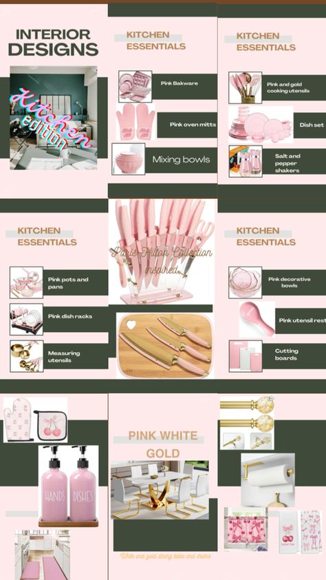 inspired by paris hilton kitchen collection Paris Hilton Kitchen Collection, Dining Decor Ideas, Pink Utensils, Kitchen Container, Kitchen Dining Decor, Pink Dishes, Dining Table Gold, Kitchen Containers, Shaker Kitchen