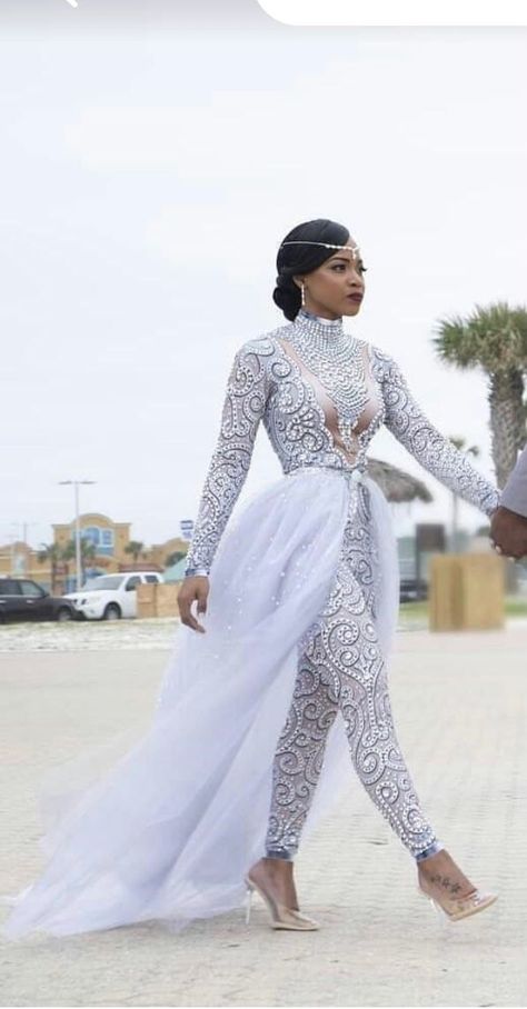 Beaded long sleeve pant suit with detachable train – Darius Collection Plus Size Wedding Jumpsuit, Tulle Jumpsuit, Wedding Romper, Wedding Pants, Jumpsuit White, Formal Ball Gown, Detachable Train, Fancy Wedding Dresses, Wedding Jumpsuit