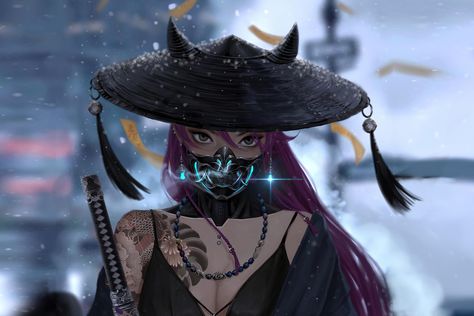 #samurai #warrior #women #katana #sword #hat #mask purple hair #tattoo fantasy art fantasy girl #artwork digital art #2K #wallpaper #hdwallpaper #desktop Anime Moving Wallpaper, Anime Desktop Wallpaper, Lively Wallpaper, Wallpaper Pc 4k, Oni Samurai, Anime Desktop, Computer Wallpaper Hd, Live Wallpaper For Pc, Demon Reference