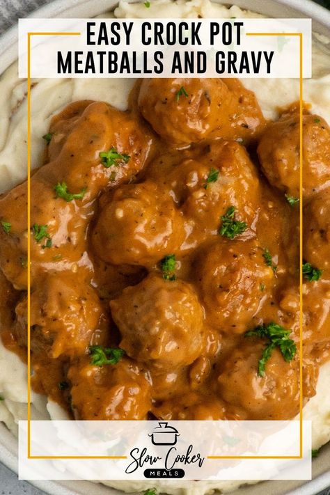 Meatballs and gravy over mashed potatoes. Easy Crockpot Meatballs, Juicy Meatballs, Meatballs And Gravy, Slow Cooker Casserole, Slow Cooker Meals, Crock Pot Meatballs, Slow Cooker Meatballs, Favorite Side Dish, Cooking Together