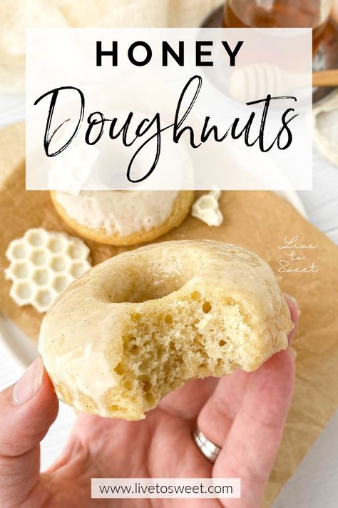 These Honey Doughnuts with Vanilla Honey Glaze are soft, fluffy baked honey doughnuts with a flavorful vanilla bean-honey glaze! Perfect for breakfast, brunch, or an afternoon pick-me-up! Honey Donuts Recipe, Honey Dipped Donut Recipe, Milk And Honey Dessert, Honey Doughnut, Honey Deserts, Desserts Made With Honey, Honey Dessert Recipes, Doughnut Flavors, Honey Donut