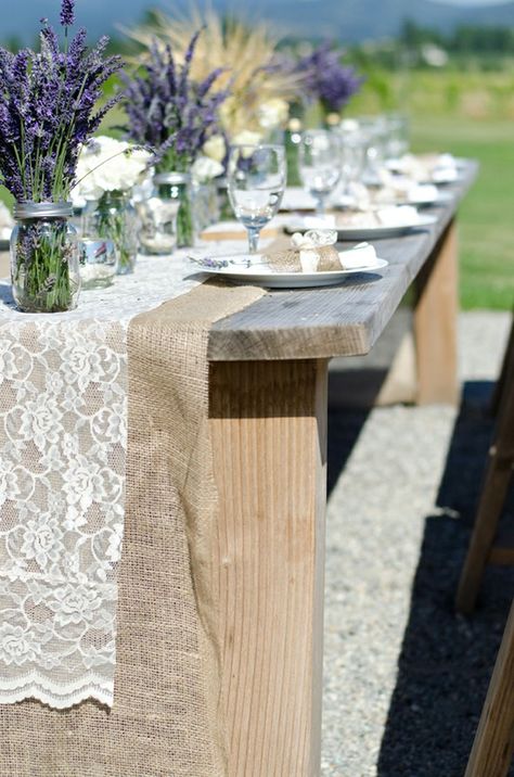 use brown packing paper as a runner, and put a piece of lace runner on top of that or variated sizes of paper doilies Diy Wedding Inspiration, Deco Champetre, Tafel Decor, Barn Wedding Decorations, Table Flower, Lace Table Runners, Burlap Lace, Burlap Wedding, Lavender Wedding