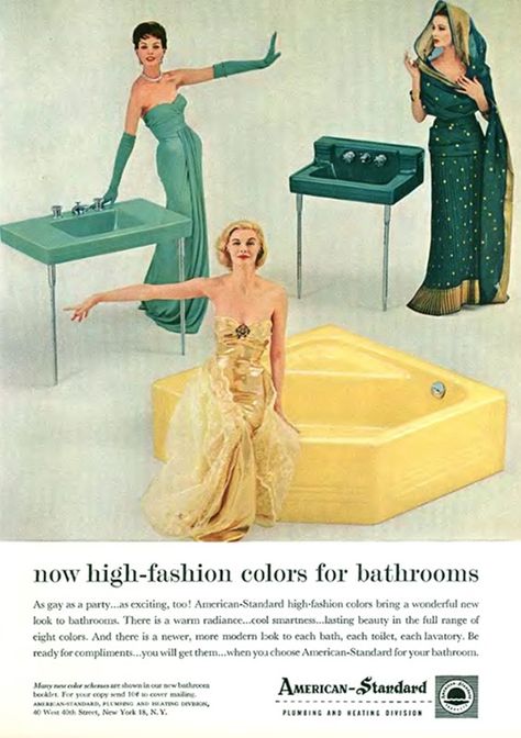 American Standard, 1953 Mid Century Bathroom, Retro Bathrooms, Vintage Bath, Retro Advertising, Vintage Bathrooms, Stylish Bathroom, Old Ads, Vintage Bathroom, Bathroom Colors