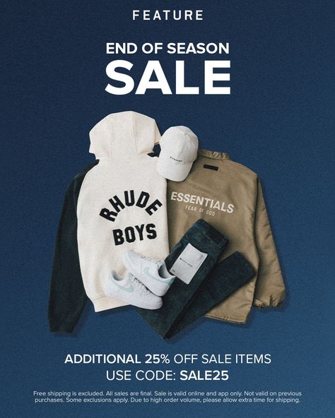 Our End Of Season sale has been extended! Get an additional 25% off Sale Items starting now. Use code SALE25 at checkout. Fashion Poster Design, 25% Off Sale, Promotion Poster, Poster Designs, Clothing Photography, End Of Season Sale, Content Ideas, Marketing Design, Fashion Poster