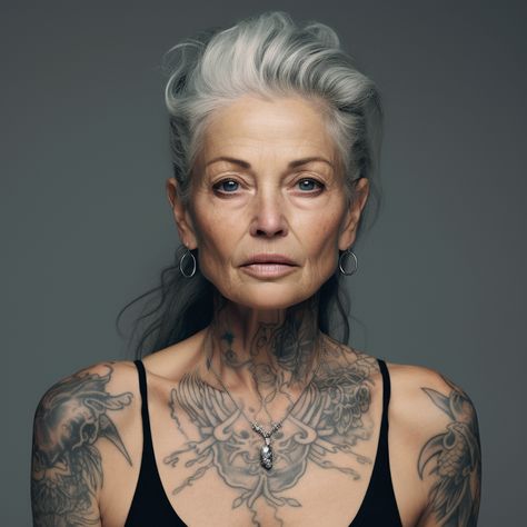 Older Goth Women, Goth Symbols, Tattoo Grandma, Older Women With Tattoos, Tattoos Meaningful, Silver Haired Beauties, Women Tattoos, Tattoed Women, Beautiful Gray Hair