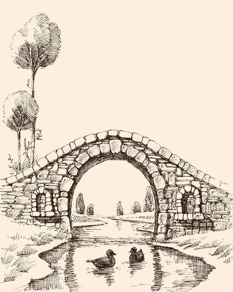 Old stone bridge over river stock illustration Bridge Over River, Bridge Drawing, Landscape Pencil Drawings, Pen Art Work, Architecture Drawing Sketchbooks, Drawing Step By Step, Bridge Art, Nature Art Drawings, Pen Art Drawings