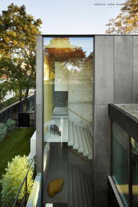 A 30ft by 10ft continuous pane of glass runs alongside the grand stairwell with a concrete core and floating stone steps, connecting the three levels of the house. This dramatic moment in the sequence of progressing through the house helps visitors feel connected to the lush landscape outside... Waverley | Palo Alto | California | Ehrlich Yanai Rhee Chaney Architects Detail Arsitektur, Metal Facade, Glass Walls, Hus Inspiration, Silicon Valley, Futuristic Architecture, Steve Jobs, Residential Architecture, Future House