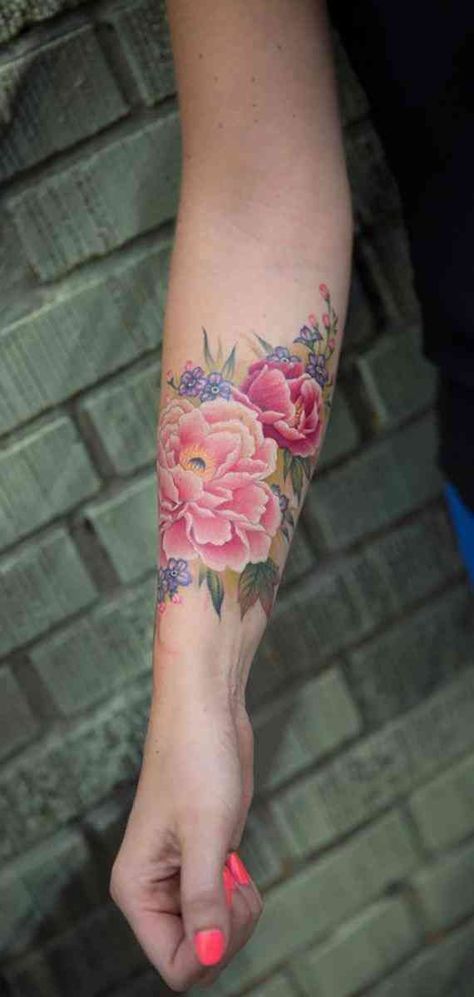 Double pink with a touch of lavender floral tattoo. Wildflowers Tattoo, Unique Forearm Tattoos, Pretty Flower Tattoos, Tattoo Placements, Tattoo Flowers, Tattoo Zeichnungen, Tattoos Geometric, Forearm Tattoo Women, Flower Tattoo Sleeve