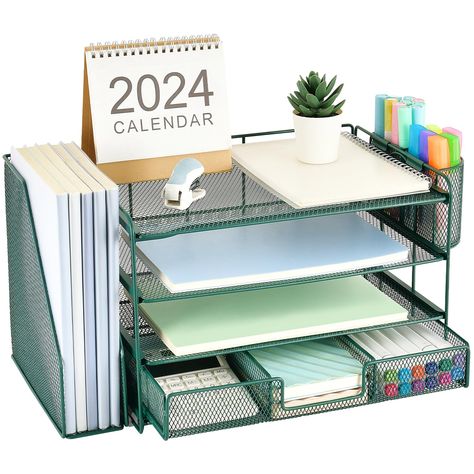 PRICES MAY VARY. 📂【Save Space】: The office organizer fully utilizes the vertical space of the desktop, creates the largest possible storage space, accommodates various office desk accessories, and saves space. 📂【Improve Work Efficiency】：The file organizer includes 4 trays, a magazine rack, 2 pen holders and a sliding drawer, helps you quickly identify the contents of each compartment, doubles your work speed, keeps you busy and more creative throughout the day. 📂【High Quality Material】: The f Pen And Pencil Organization, Teal And Gold Office, Professor Office Decor, Wooden Stationary Organizer, Desk Top Organizer Ideas, Minimalist Cubicle Decor, Cute Office Decor For Work, Desk Organizer, Office Desk Decor For Work