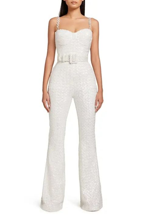 Shop NADINE MERABI Online | Nordstrom White Disco Outfit Bachelorette, White 70s Jumpsuit, Sparkly Bride Bachelorette Outfit, Disco Bride Outfit, Romper Wedding Dress, Bridal Loft, Disco Video, White Bachelorette Party Outfit, Bachelorette Vibes