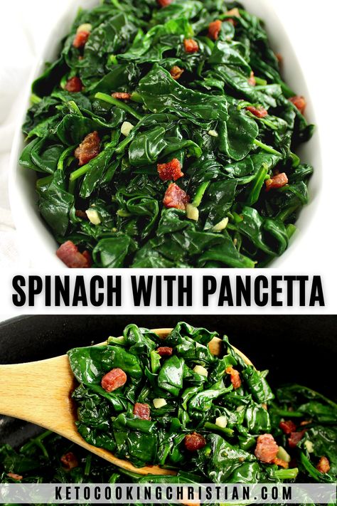 This quick and easy Sautéed Spinach with Pancetta is a savory, flavorful and incredibly nutritious Keto side dish that's ready in under 15 minutes. #spinachrecipe #ketospinach #lowcarbspinachrecipe Keto Beginner, Keto Side Dish, Hot Bacon Dressing, Spinach Healthy, Good Keto Snacks, Beginner Recipes, Keto Side, Roasted Walnuts, Skillet Recipes