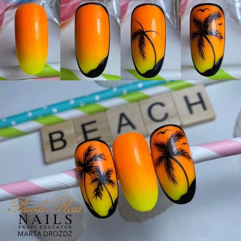 Landscape Nail Art Designs, Coconut Nail Art, Palm Nails, Beach Nail Art, Palm Tree Nails, Beach Nail Designs, Animal Print Nails Art, Unghie Sfumate, Nail Art Designs Images