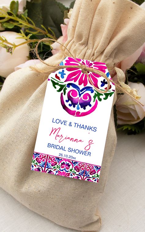 Pink and blue Talavera Mexican tiles pattern bridal shower favor gift tags modern watercolor tiles Viva La Novia Bridal Shower Theme, Bridal Shower Mexican Theme, Pink Mexican Theme Party, Watercolor Tiles, Blue Talavera, Spanish Party, Mexican Bridal Showers, Mexican Themed Weddings, Cake Favors