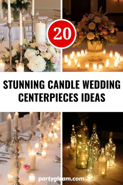 Looking to illuminate your big day with elegance? Discover these 20 stunning candle wedding centerpiece ideas that will wow your guests! From taupe pillar candles to beautiful floral urns, these decorations can create a cozy atmosphere tailored to your wedding theme. Explore charming options like bundles of bows and fairy lights in bottles to enhance your tablescapes. Perfect for both rustic and upscale weddings, these centerpiece ideas combine creativity with simplicity, ensuring your celebration is one to remember among family and friends. Cheap Elegant Centerpieces Diy, Light Purple Wedding Centerpieces, Wood And Candle Centerpieces, Candle Decor For Weddings, Unique Wedding Centerpiece Ideas, Simple Wedding Table Centerpieces Diy, Fairy Lights In Bottles, Diy Wedding Centerpieces Candles, Round Table Candles