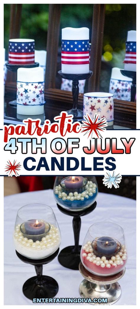 Want to create your own budget-friendly DIY home decor for a 4th of July party? This is an awesome, easy and super affordable guide on how to create your own themed 4th of July candles. It’s the most patriotic and simple table decoration or your Independence Day gathering! 4th Of July Table Decor, Patriotic Table Decor, Patriotic Candles, Terrarium Candle, Simple Table Decorations, Patriotic Decorations Party, Summer Outdoor Decor, Pearl Candle, Candle Ribbon