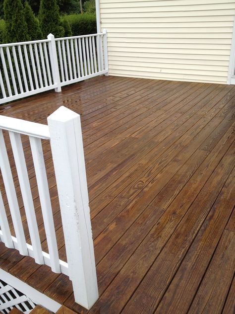 Pressure treated wood decking and white painted trim, New England Look! Stained Deck With White Railing, Wood Deck White Railing, 2 Tone Deck Ideas, Painting Deck Ideas Wood, Stain Deck, White Railing, Treated Wood Deck, Paint Deck, Wood Deck Designs