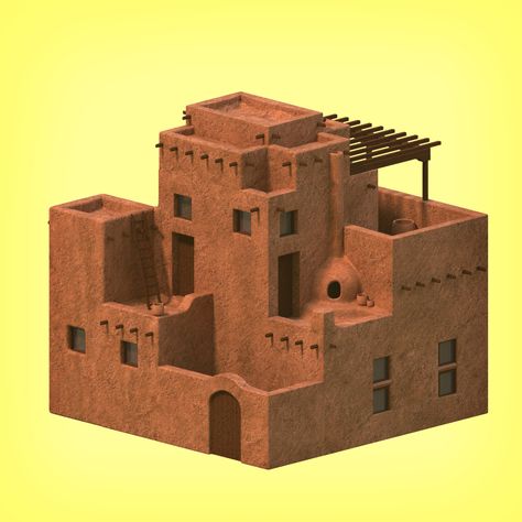 ArtStation - ASC: Pueblo Revival, Micah Wiersma Spanish Pueblo Revival, Adobe Architecture Modern, Pueblo Style Homes, Adobe Pueblo School Project, Mayan Revival Architecture, Pueblo Style House, Pueblo Architecture, Two Story Adobe House, Pueblo House