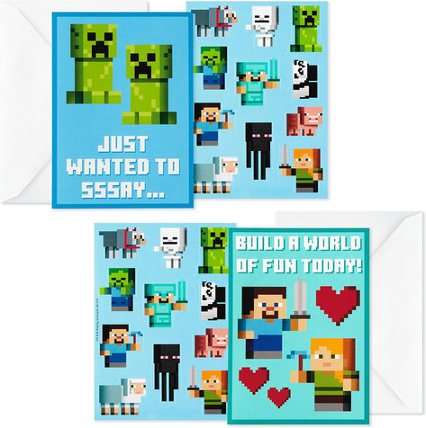 Card pack includes 24 cards (12 of each design) and 24 sticker sheets featuring favorite Minecraft characters to personalize them all. Cards With Stickers, Minecraft Valentines, Kids Valentine Party, Valentine Party Favors, Classroom Valentines, Hallmark Greeting Cards, Valentine Gifts For Kids, Minecraft Characters, Valentines Day Cards