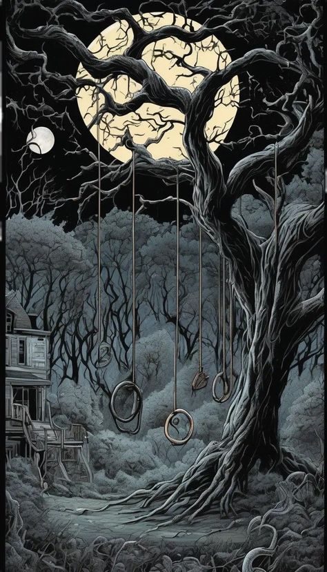 Lovecraftian Eldritch high gothic tim Burton style, full moon night playground swing tree haunted, beautiful scary haunting insanely detailed masterpiece Scary Tree Illustration, Horror Tree Drawing, Tim Burton Landscape, Scary Tree Drawing, Tim Burton Tree, Tim Burton Illustration, Tim Burton Painting, Dolly Tattoo, Tim Burton Artwork